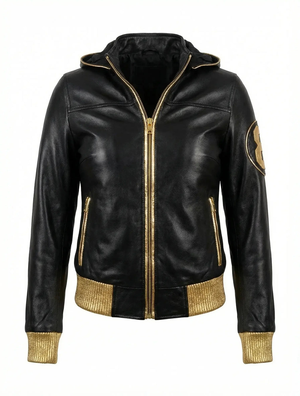 Duazan 8 Ball Hooded Leather Jacket – Black & Gold Edition Mens & Women outerwear Duazan