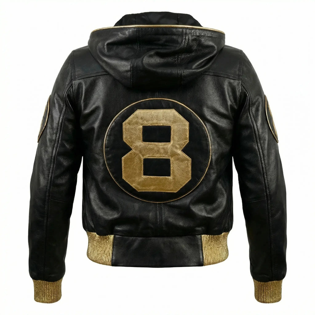 Duazan 8 Ball Hooded Leather Jacket – Black & Gold Edition Mens & Women outerwear Duazan