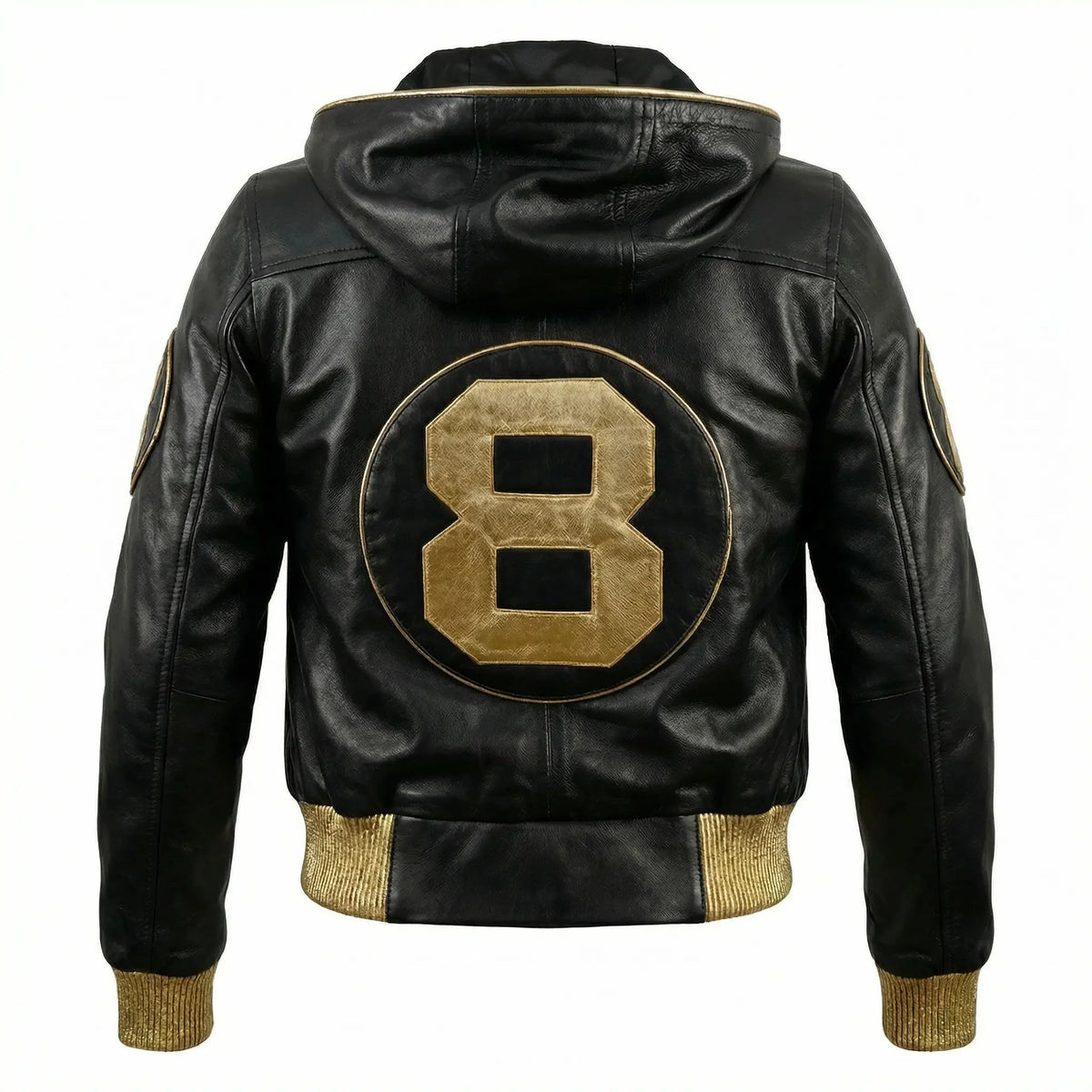 Duazan 8 Ball Hooded Leather Jacket – Black & Gold Edition Mens & Women outerwear Duazan