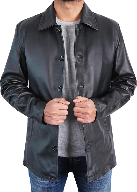 Duazan Men’s Brown Black  Lambskin Leather Car Coat for Men Duazan