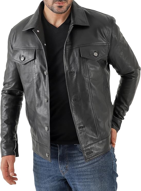 Duazan Men’s Lambskin Leather Trucker Jacket – Premium Genuine Leather - Duazan