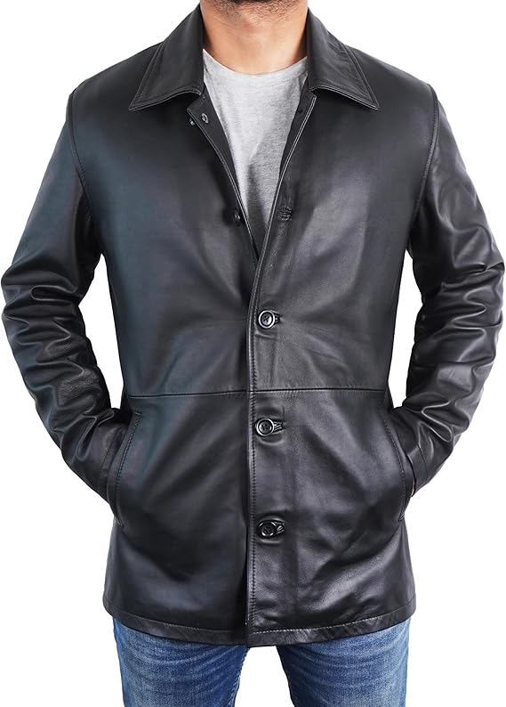 Duazan Men’s Brown Black  Lambskin Leather Car Coat for Men Duazan