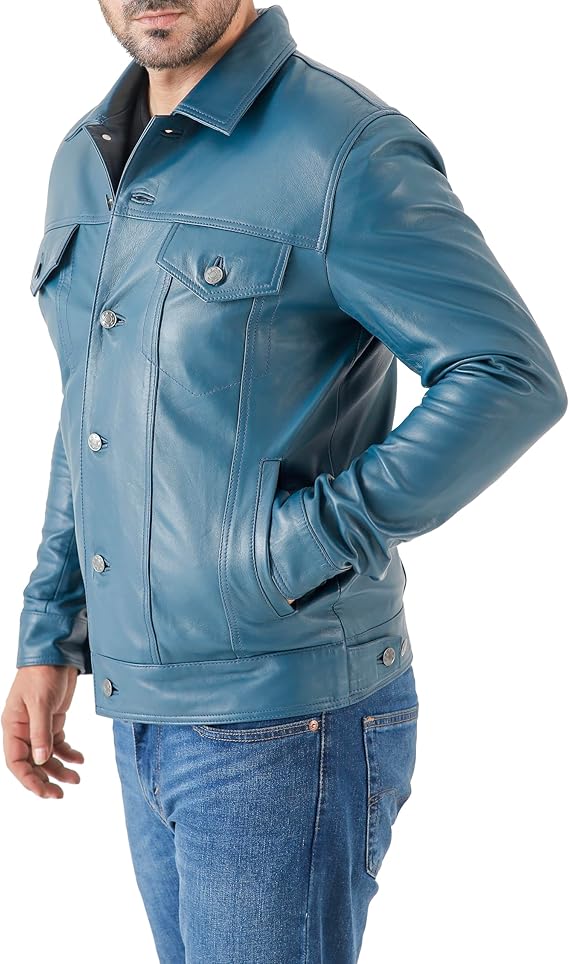 Duazan Men’s Lambskin Leather Trucker Jacket – Premium Genuine Leather - Duazan