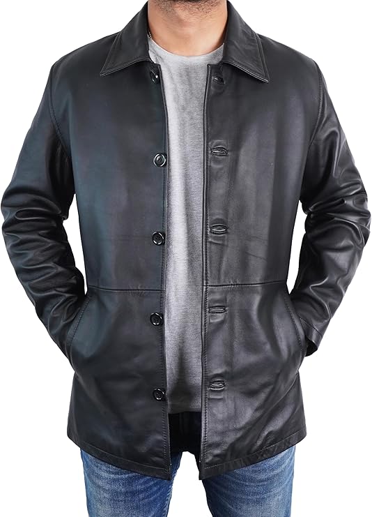 Duazan Men’s Brown Black  Lambskin Leather Car Coat for Men Duazan