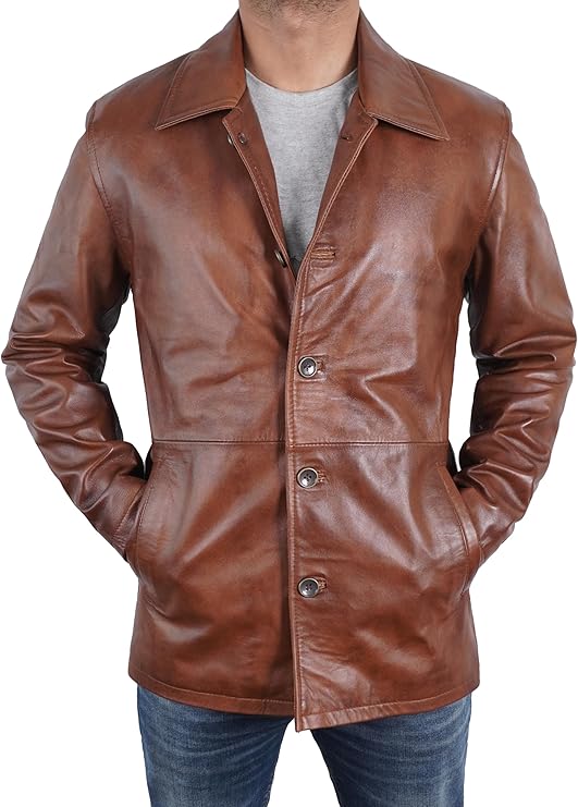 Duazan Men’s Brown Black  Lambskin Leather Car Coat for Men Duazan