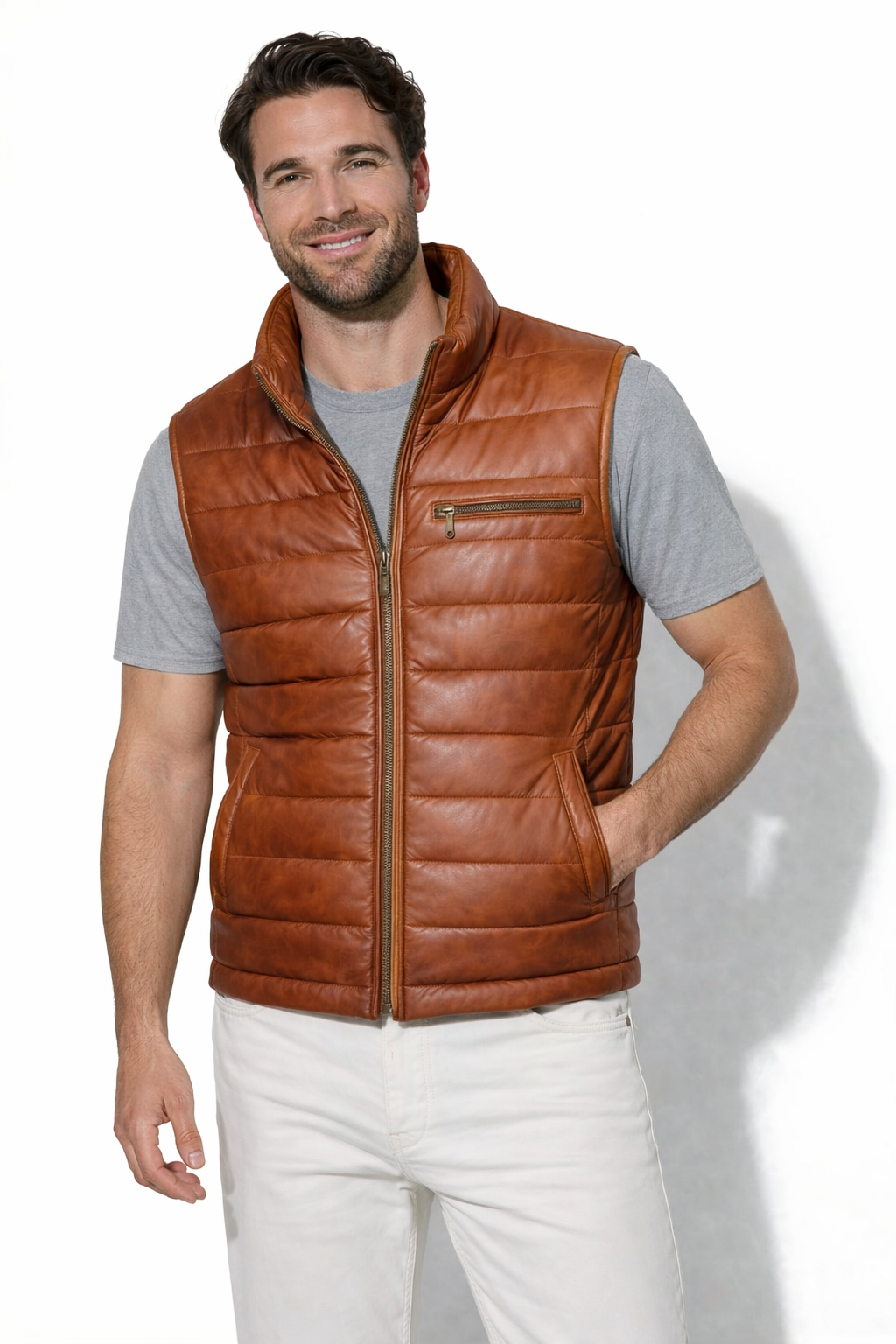 DUAZAN Men’s Cognac Brown Leather Puffer Vest – Premium Quilted Insulated Outerwear Duazan