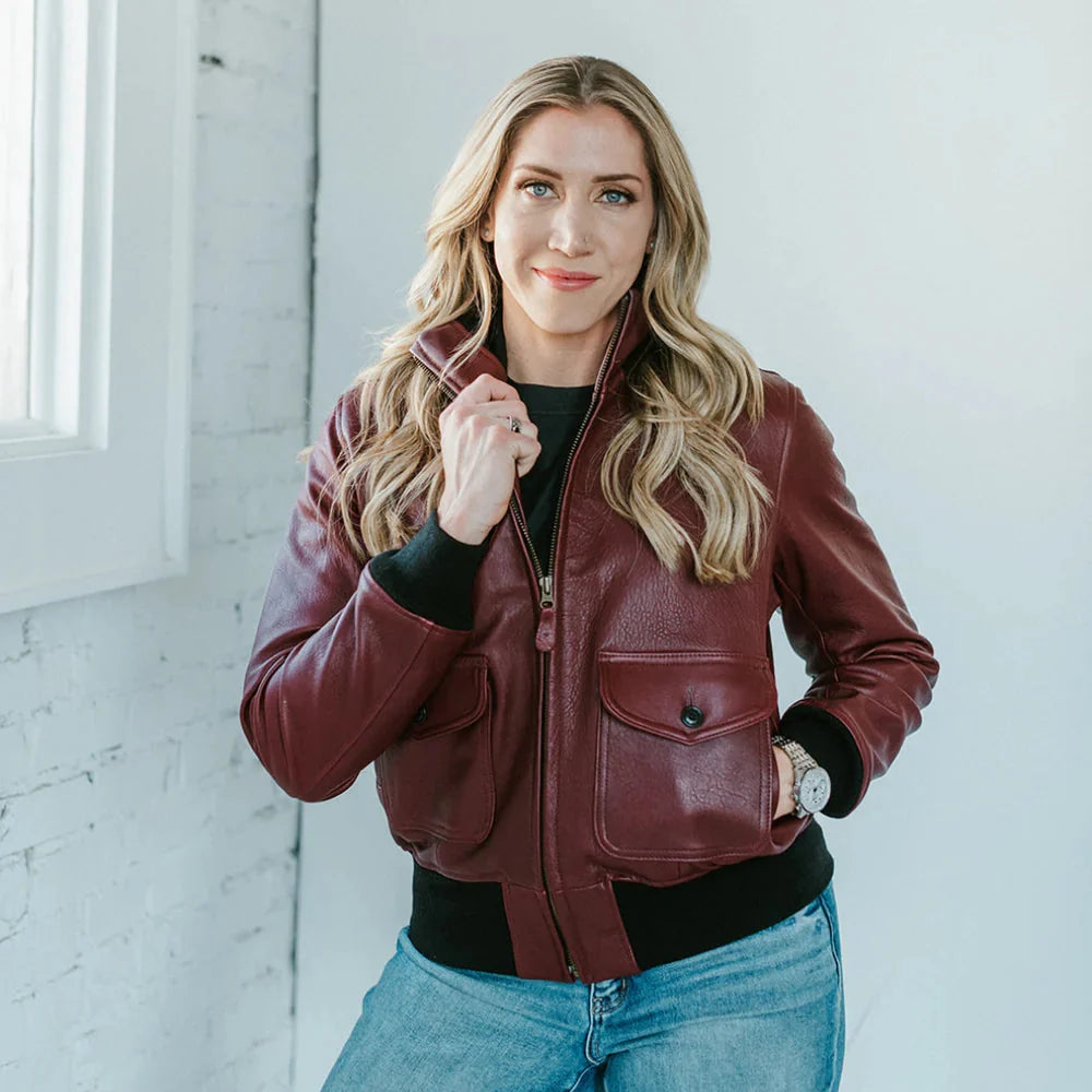 DUAZAN Handmade Women’s Sheepskin Leather Flight Jacket – Burgundy Duazan