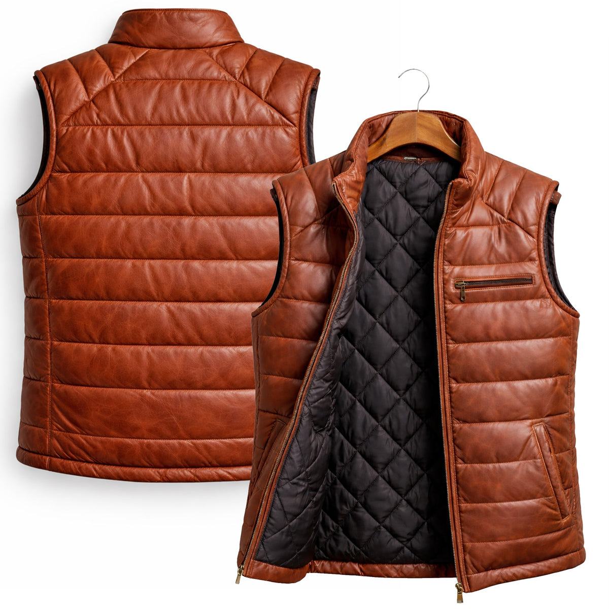 DUAZAN Men’s Cognac Brown Leather Puffer Vest – Premium Quilted Insulated Outerwear Duazan