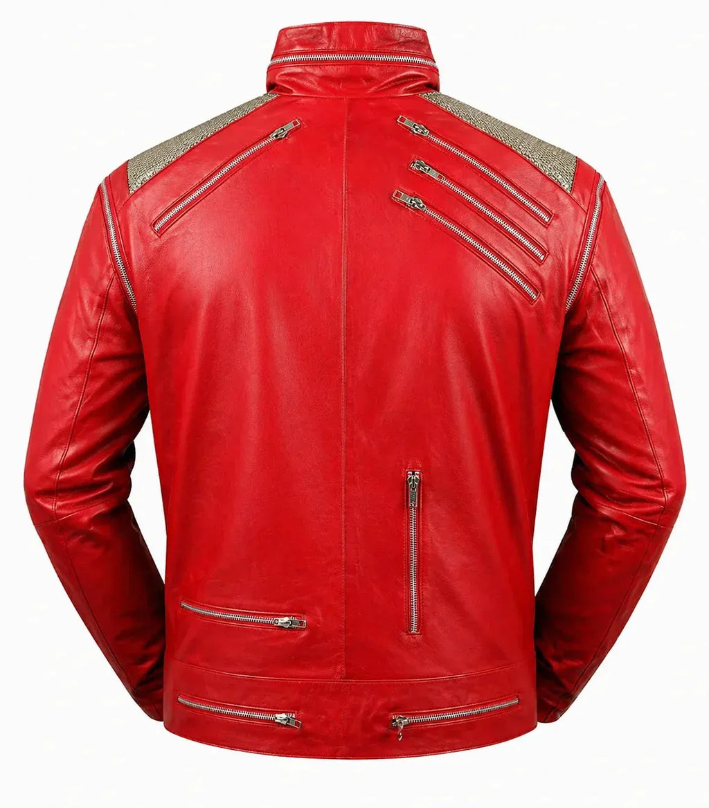 DUAZAN MJ Beat It Red Leather Jacket – Iconic Michael Jackson Inspired Biker Style Duazan
