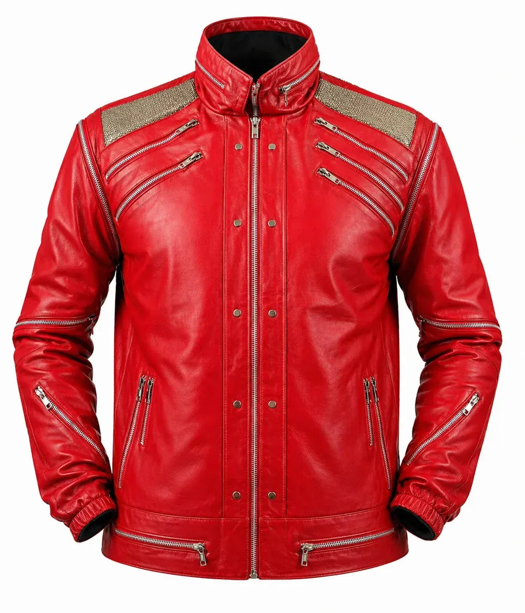 DUAZAN MJ Beat It Red Leather Jacket – Iconic Michael Jackson Inspired Biker Style Duazan