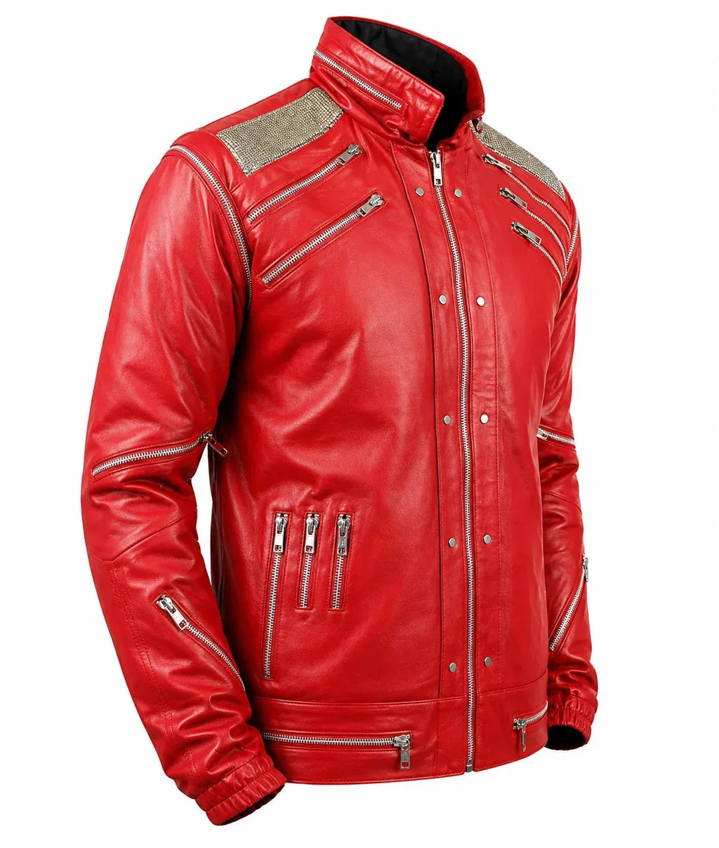 DUAZAN MJ Beat It Red Leather Jacket – Iconic Michael Jackson Inspired Biker Style Duazan