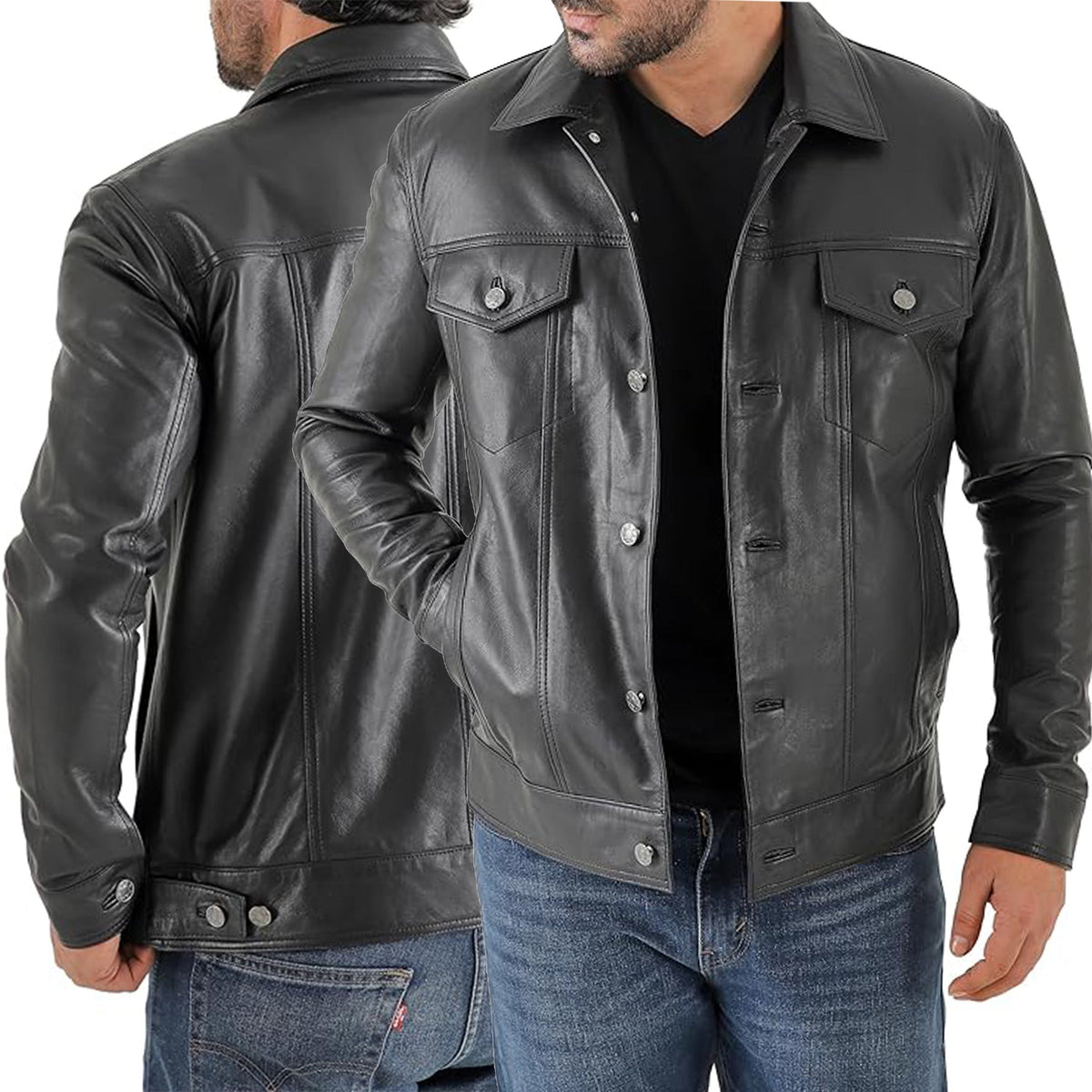 Duazan Men’s Lambskin Leather Trucker Jacket – Premium Genuine Leather - Duazan