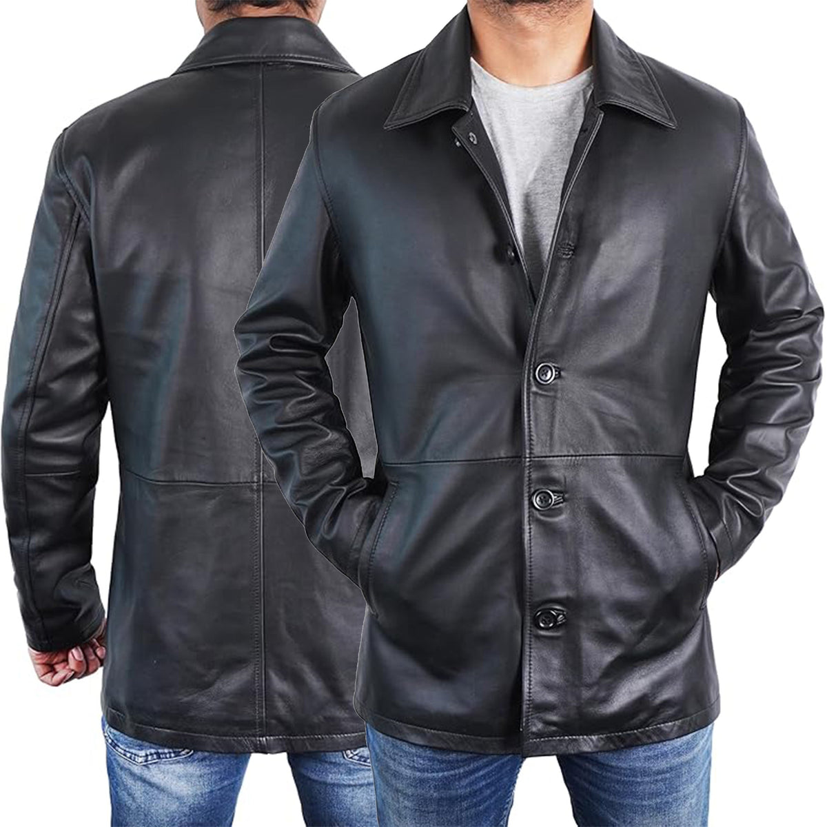 Duazan Men’s Brown Black  Lambskin Leather Car Coat for Men Duazan