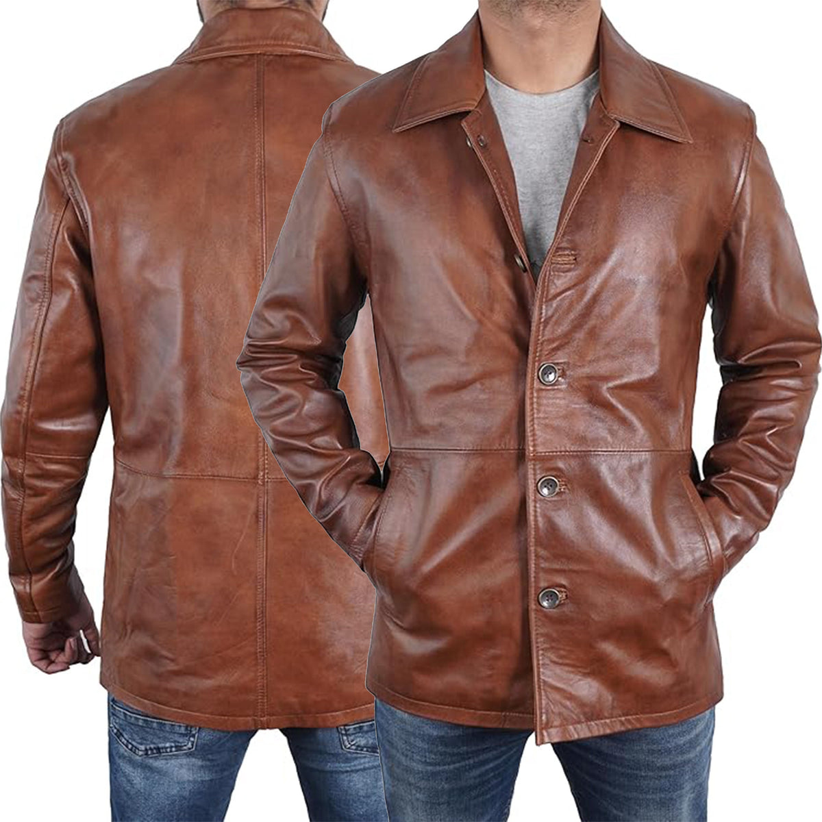 Duazan Men’s Brown Black  Lambskin Leather Car Coat for Men Duazan