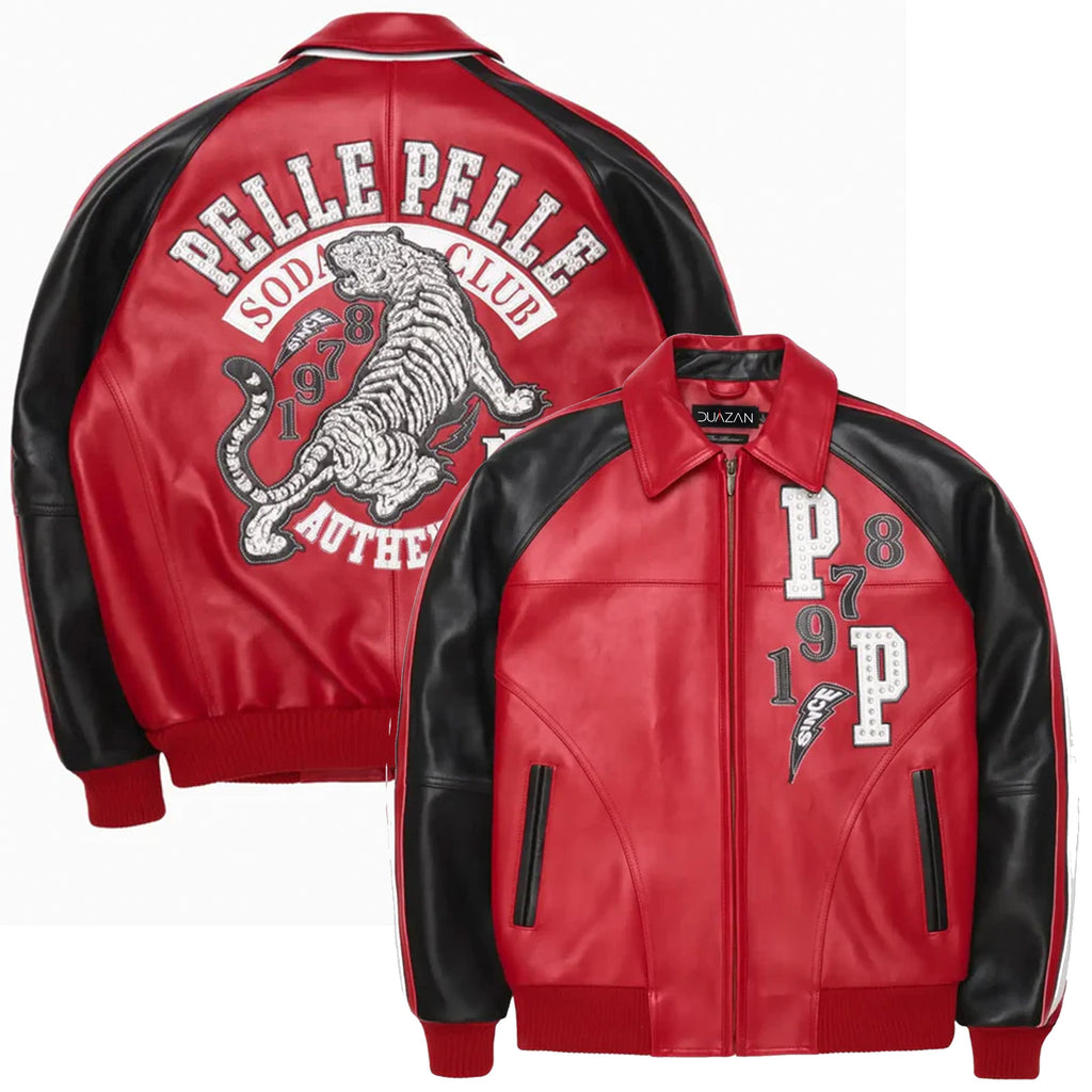 Duazan Red Soda Club Leather Bomber Jacket for Men Duazan