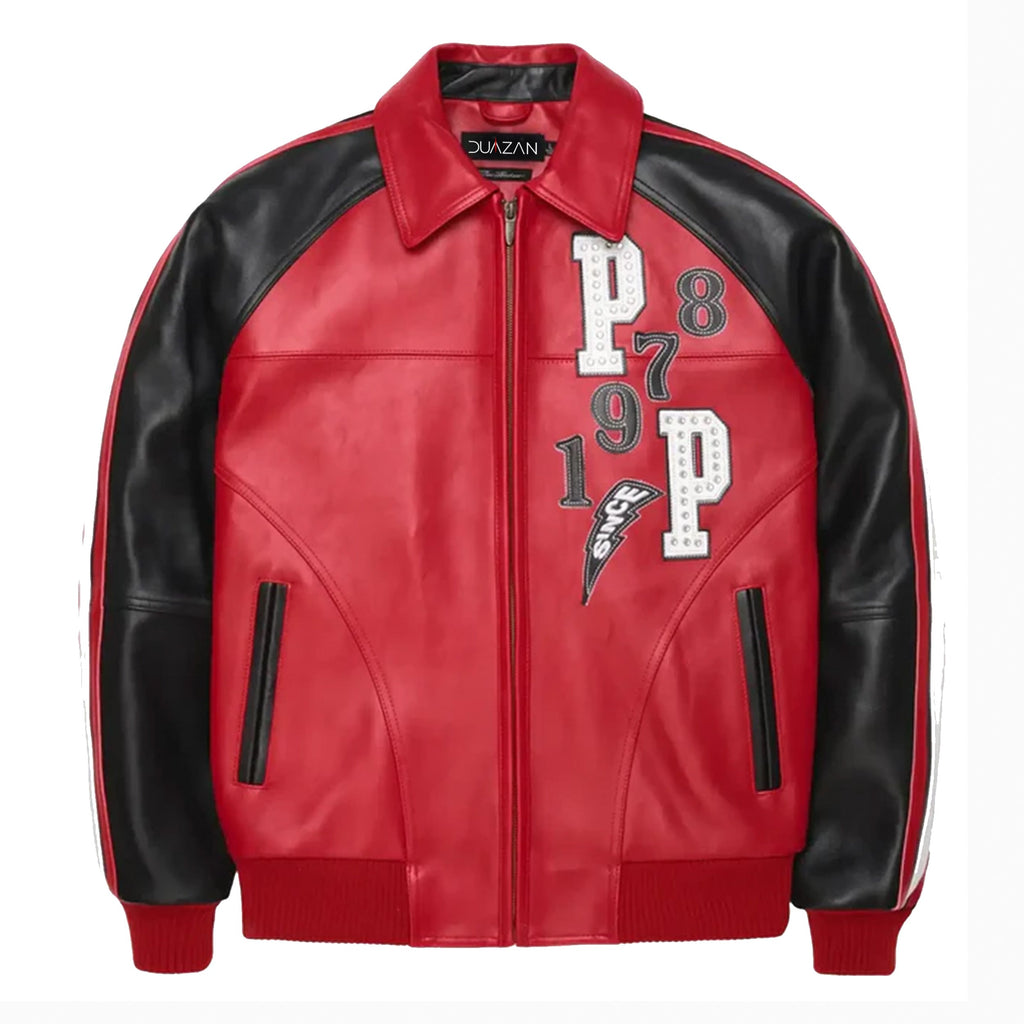 Duazan Red Soda Club Leather Bomber Jacket for Men Duazan