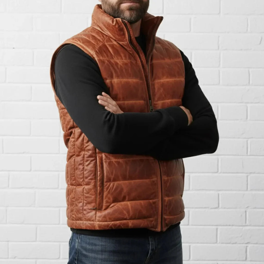 DUAZAN Men’s Cognac Brown Leather Puffer Vest – Premium Quilted Insulated Outerwear Duazan