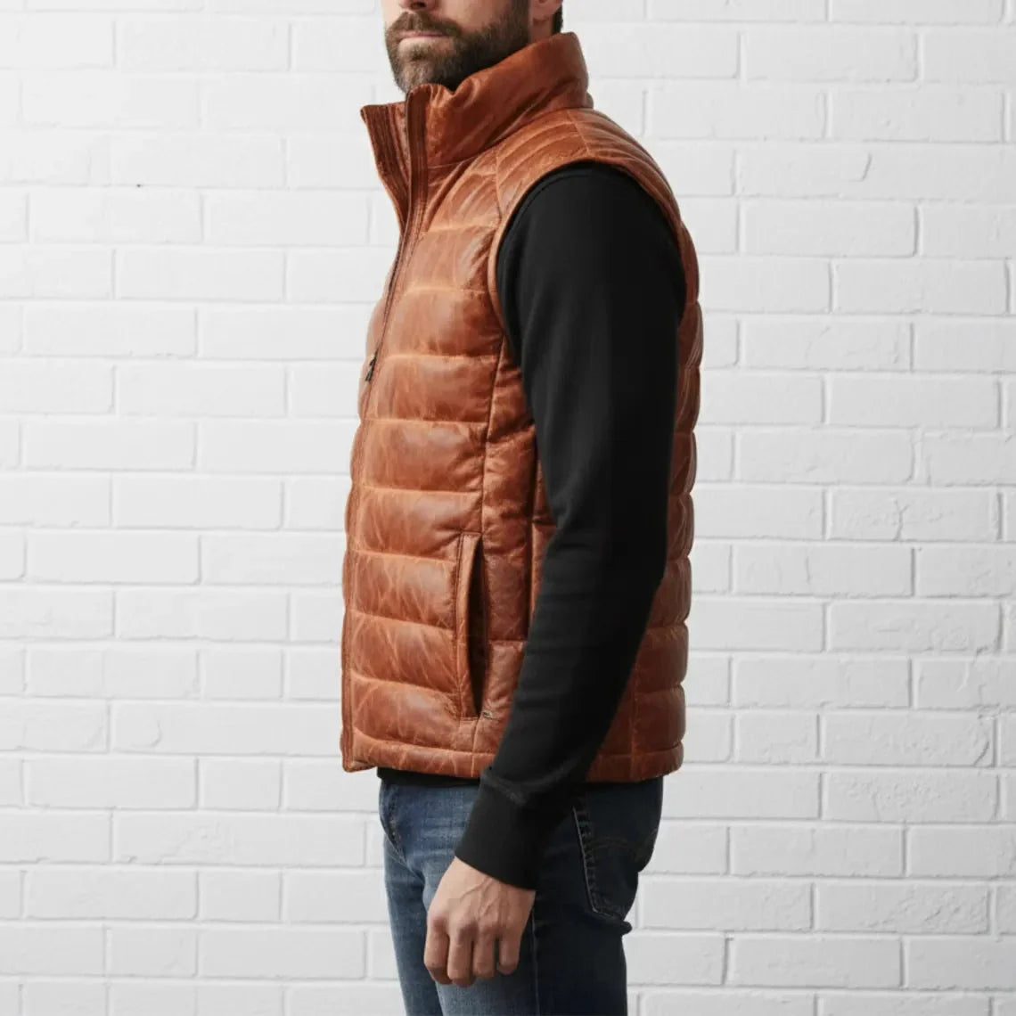 DUAZAN Men’s Cognac Brown Leather Puffer Vest – Premium Quilted Insulated Outerwear Duazan
