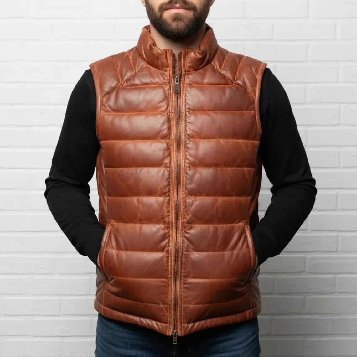 DUAZAN Men’s Cognac Brown Leather Puffer Vest – Premium Quilted Insulated Outerwear Duazan