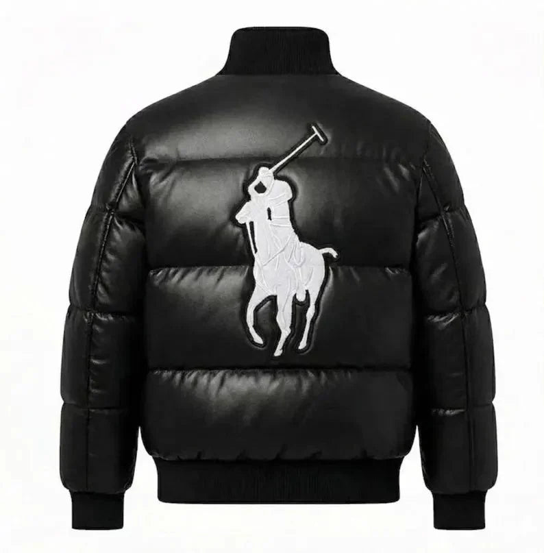 Men’s Black Faux Leather Puffer Jacket with Embroidered Patches Duazan