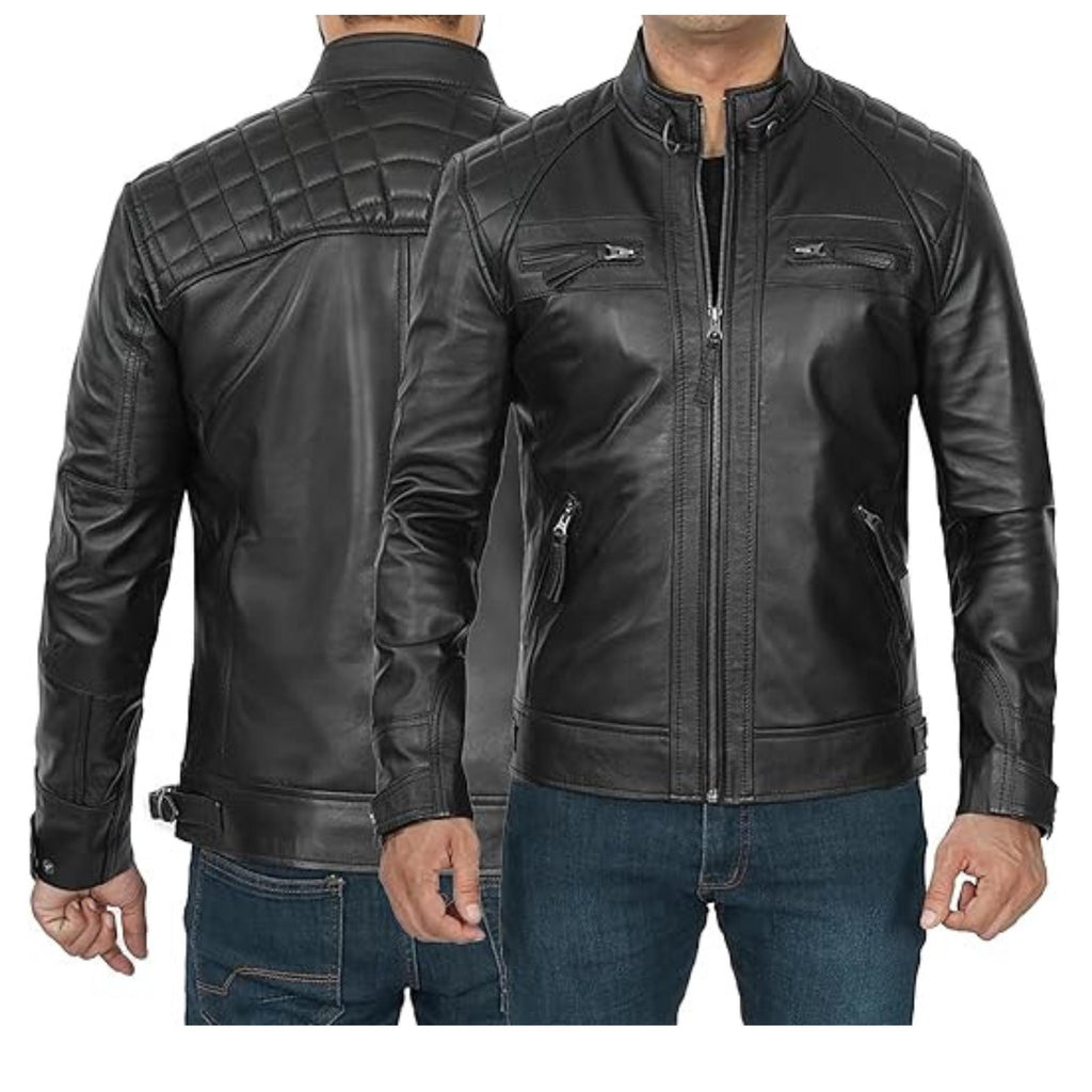 Motorcycle  Lambskin Leather Jacket & Vest Set Quilted Biker Style