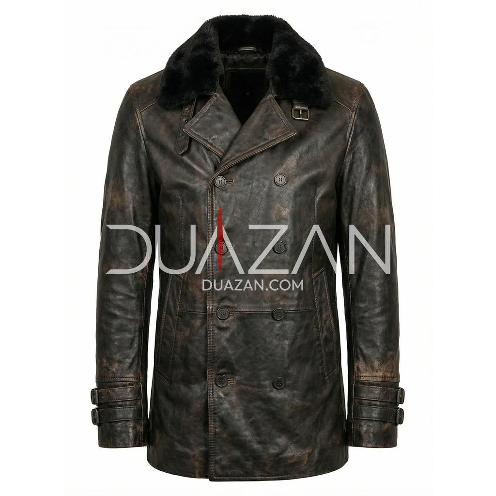 Leon Kennedy Requiem Leather Coat | Double Breasted Fur Collar Cosplay Jacket