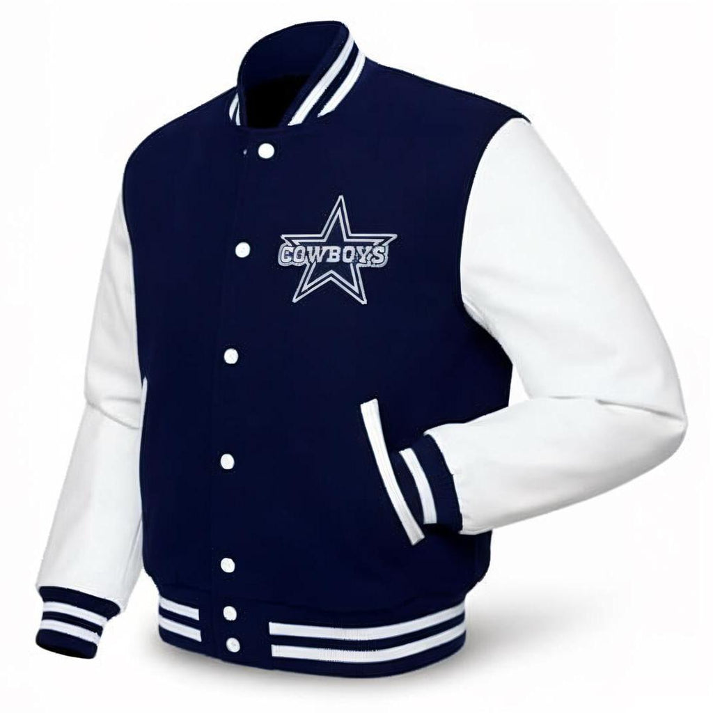 Blue Wool Classic Varsity Jacket with Faux/Real Leather Sleeves, College Style jacket