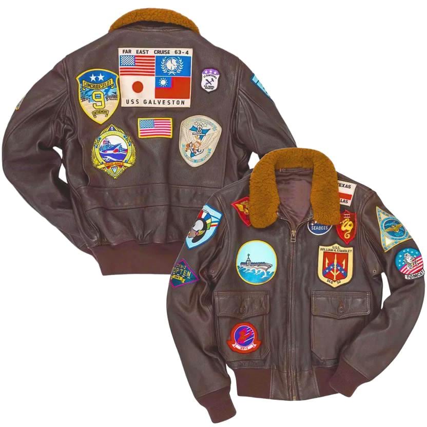G-1 Leather Flight Jacket | Maverick Embroidered Patches Aviator Bomber Gift Him