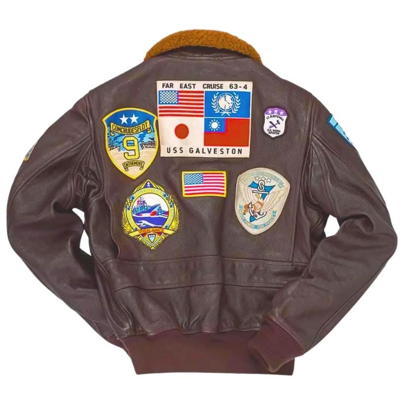 G-1 Leather Flight Jacket | Maverick Embroidered Patches Aviator Bomber Gift Him