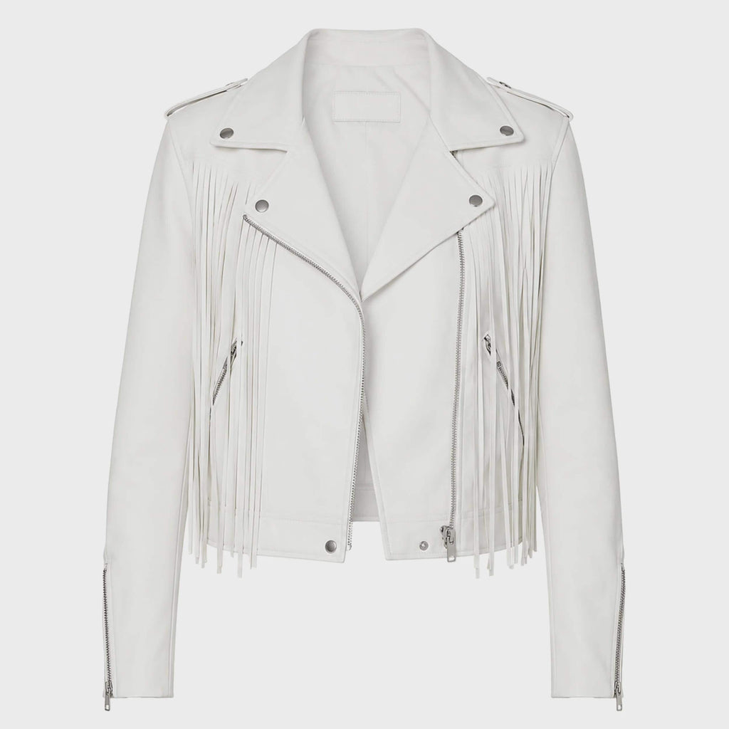 Women's White Fringe Leather Biker Jacket | Western Moto Jacket