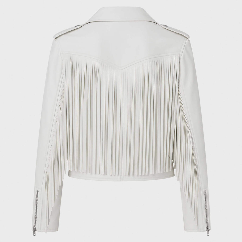 Women's White Fringe Leather Biker Jacket | Western Moto Jacket