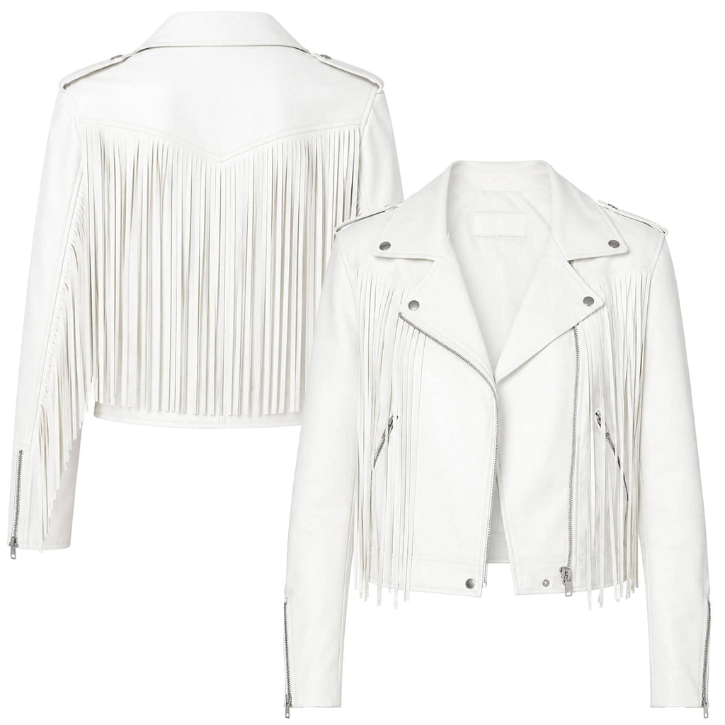Women's White Fringe Leather Biker Jacket | Western Moto Jacket