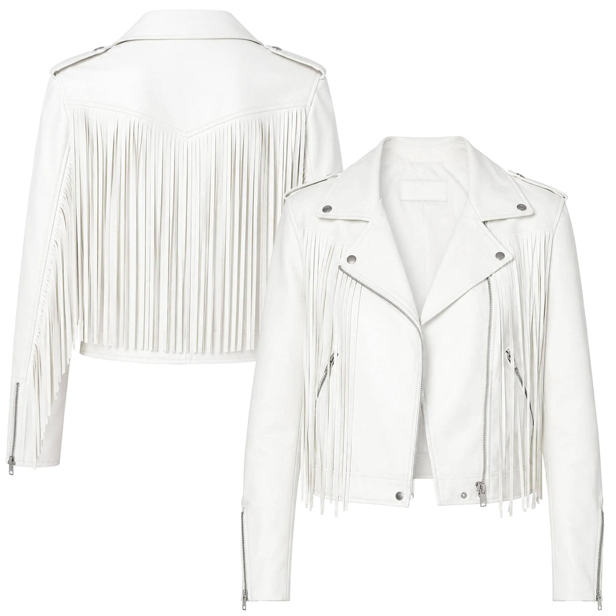 Women's White Fringe Leather Biker Jacket | Western Moto Jacket