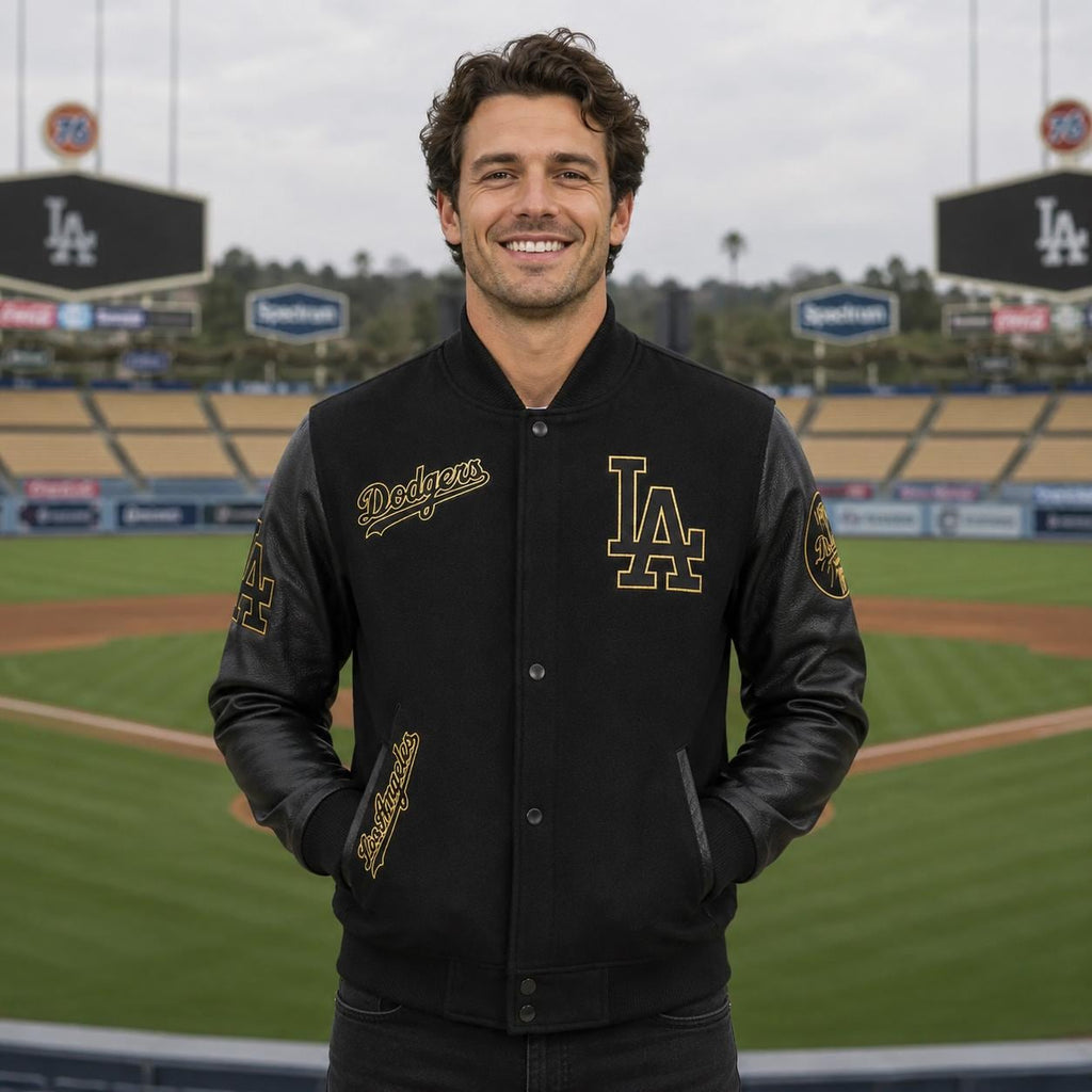 Varsity Jacket | Black Wool Blend, Real Leather Sleeves, Iconic Branding