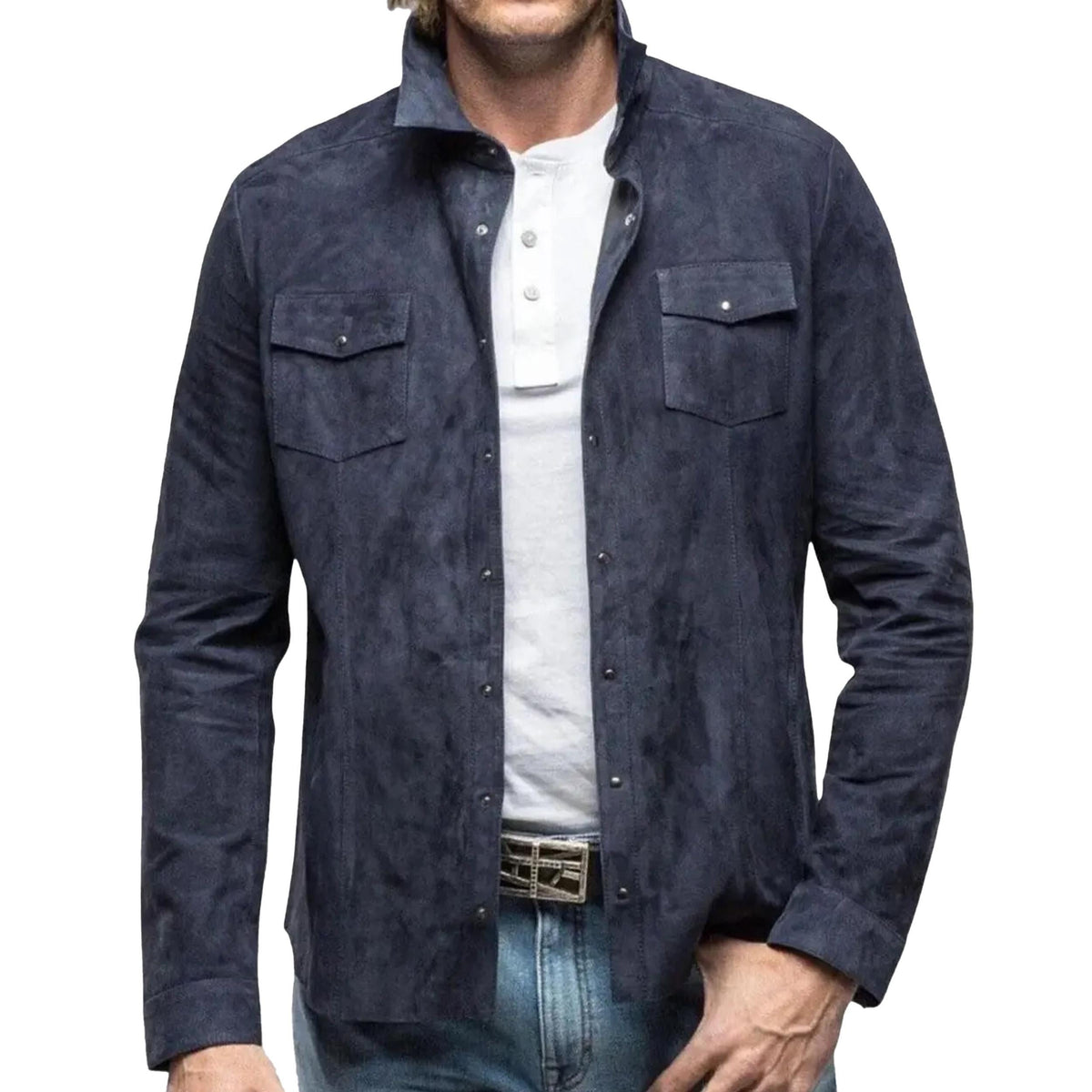 Men's Navy Blue Suede Shirt Jacket graduation gift
