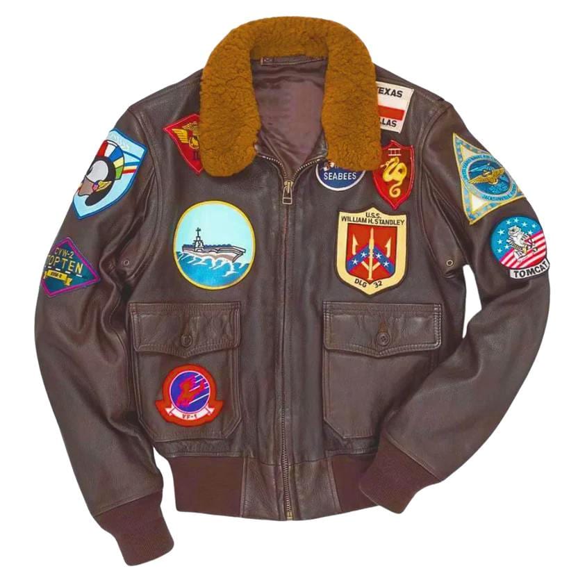G-1 Leather Flight Jacket | Maverick Embroidered Patches Aviator Bomber Gift Him