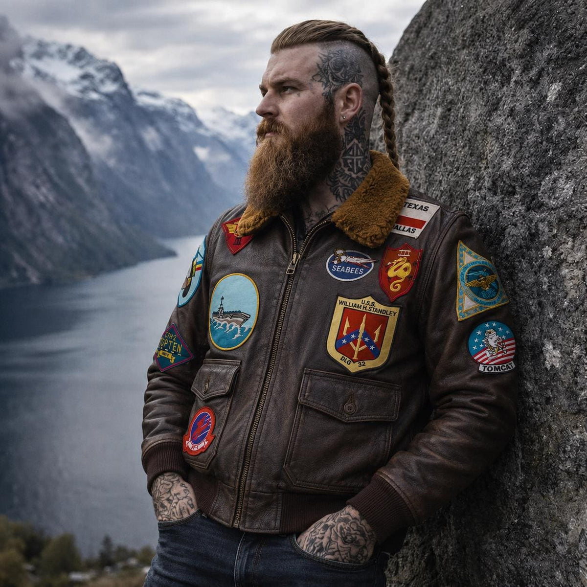 G-1 Leather Flight Jacket | Maverick Embroidered Patches Aviator Bomber Gift Him