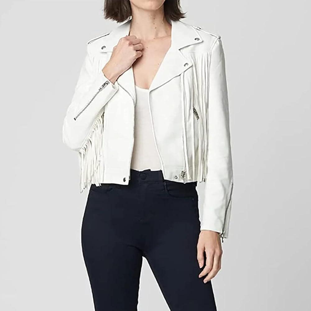 Women's White Fringe Leather Biker Jacket | Western Moto Jacket