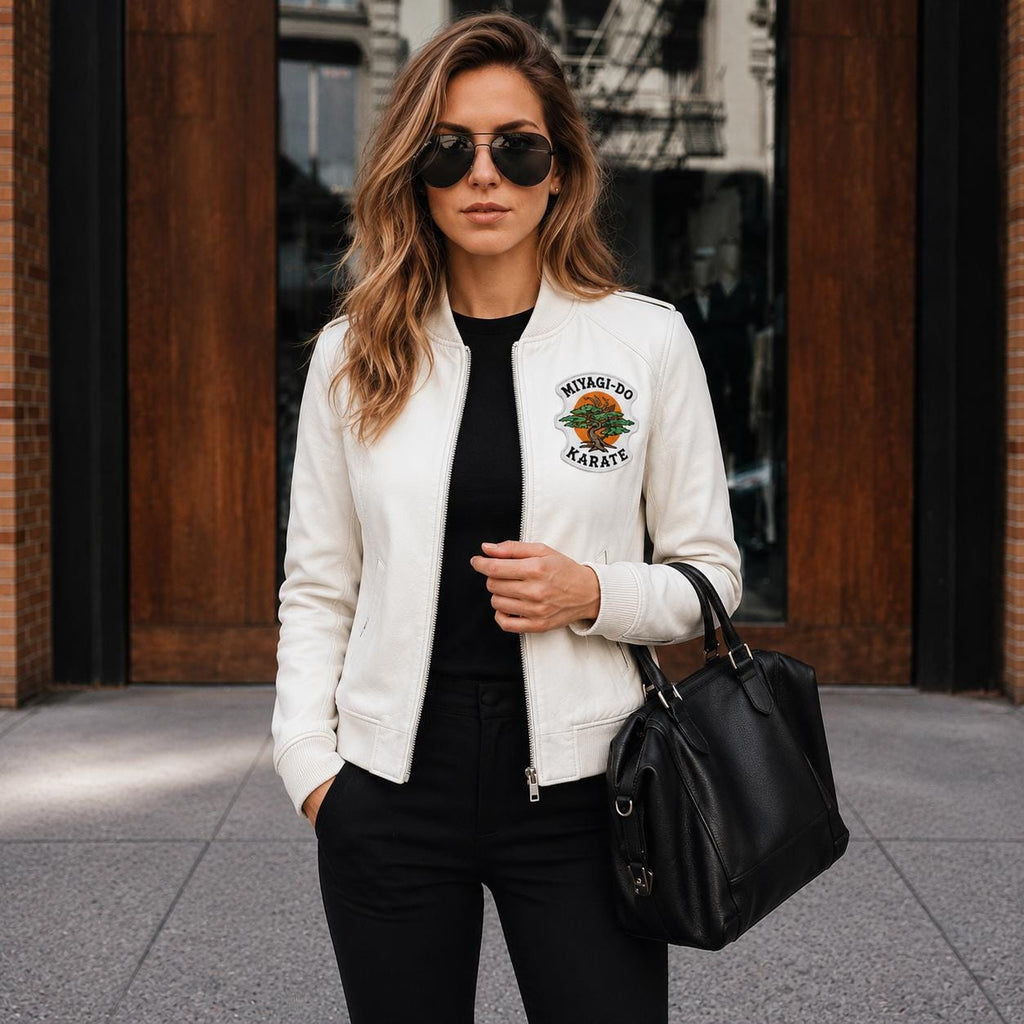Miyagi-Do Karate Jacket | White Leather Cobra Kai Bomber for Women | Handmade