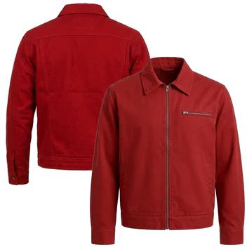 Men's Red Cotton Trucker Jacket Vintage Workwear Streetwear Coat