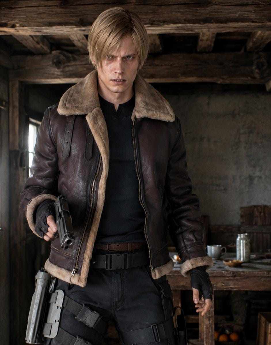 Leon Kennedy RE4 Cosplay Jacket: Faux Leather Shearling Bomber | gifts for men