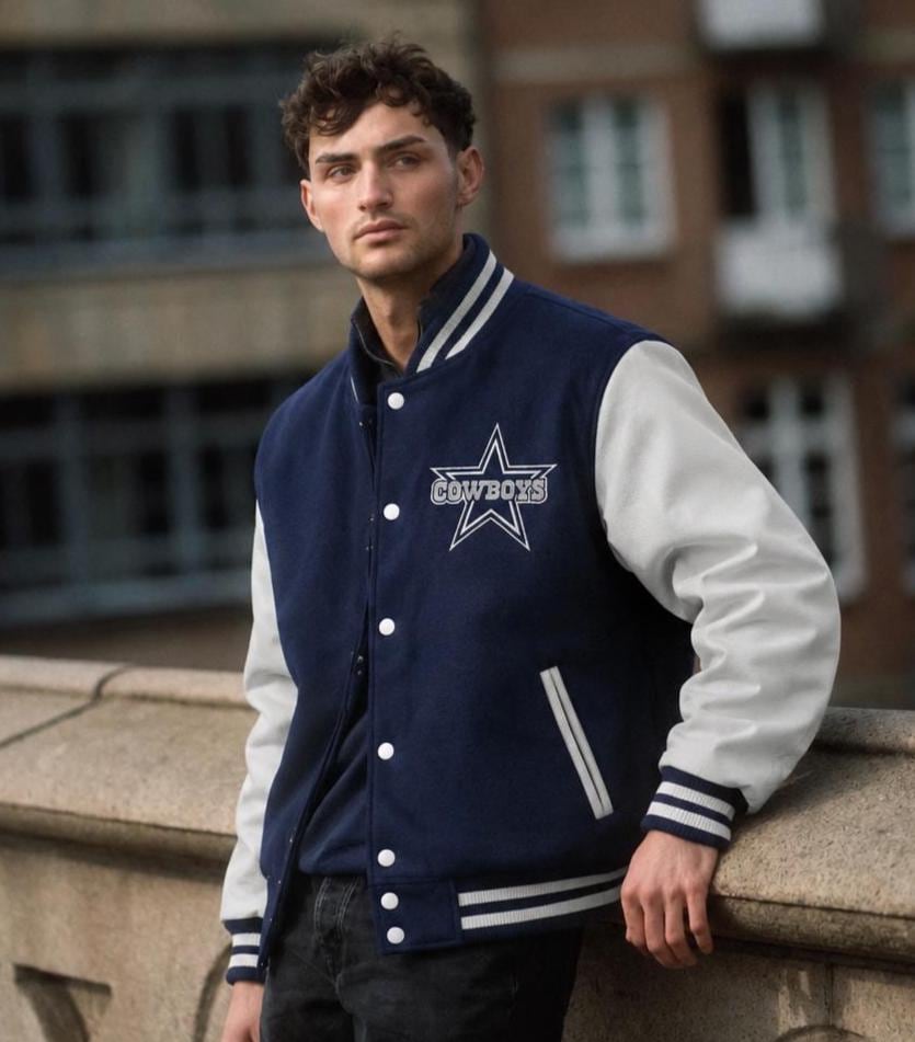 Blue Wool Classic Varsity Jacket with Faux/Real Leather Sleeves, College Style jacket