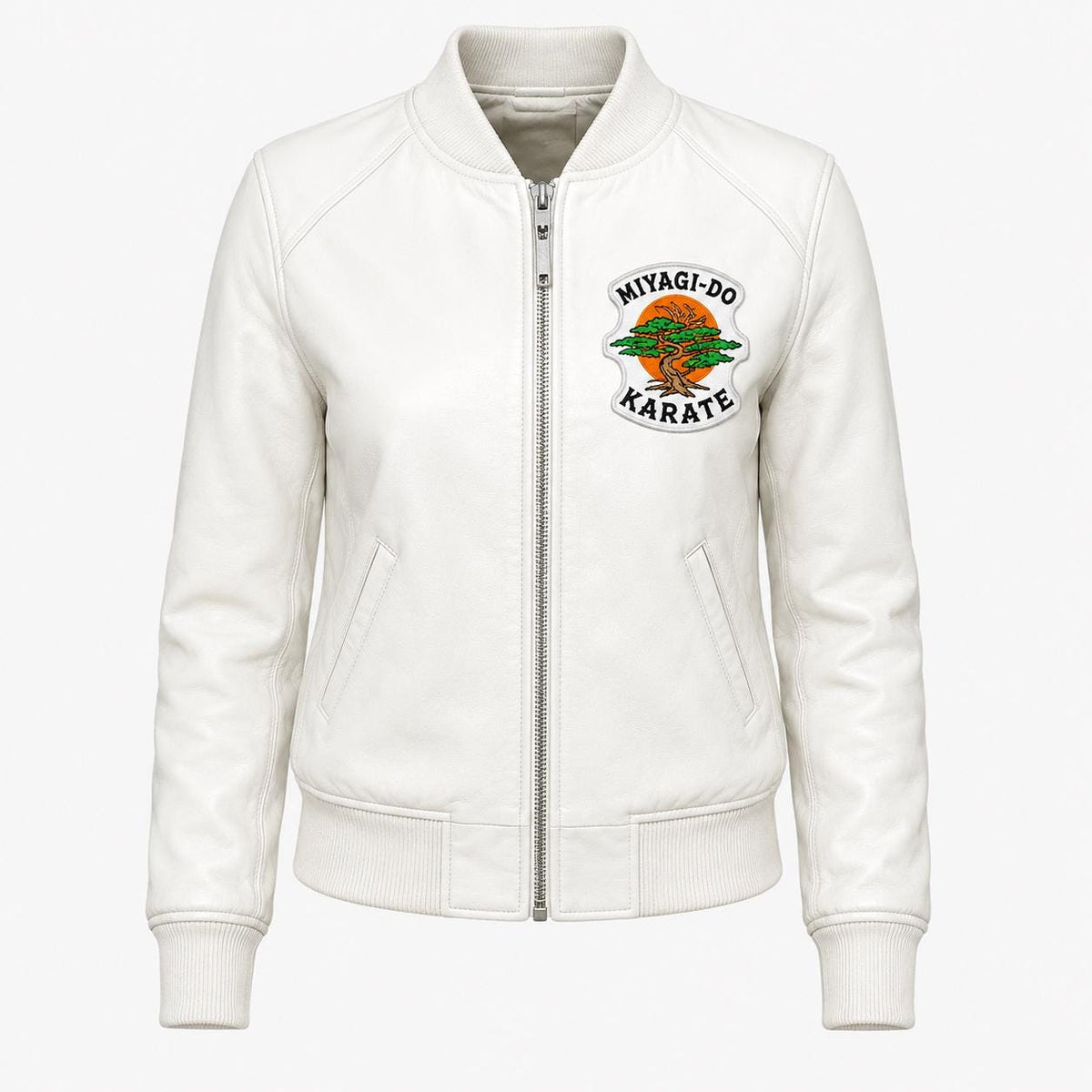 Miyagi-Do Karate Jacket | White Leather Cobra Kai Bomber for Women | Handmade