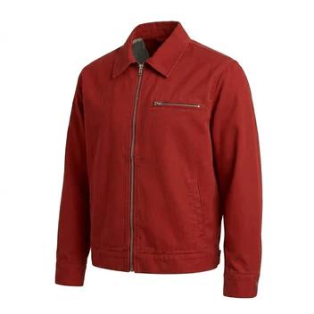 Men's Red Cotton Trucker Jacket Vintage Workwear Streetwear Coat