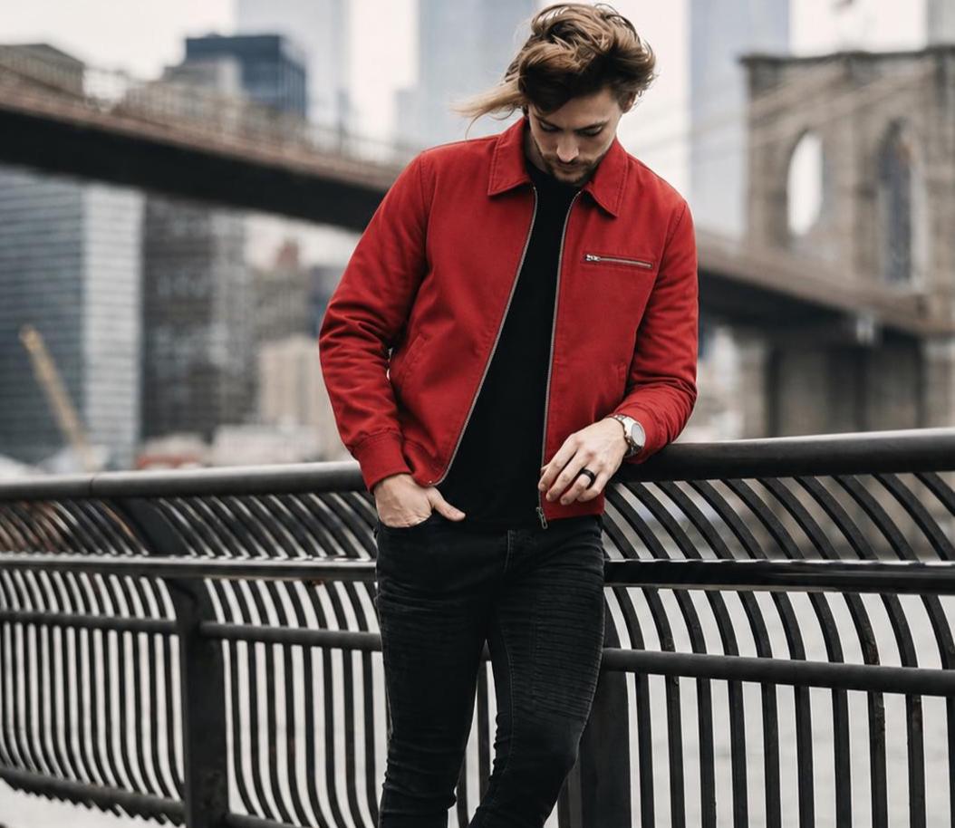 Men's Red Cotton Trucker Jacket Vintage Workwear Streetwear Coat