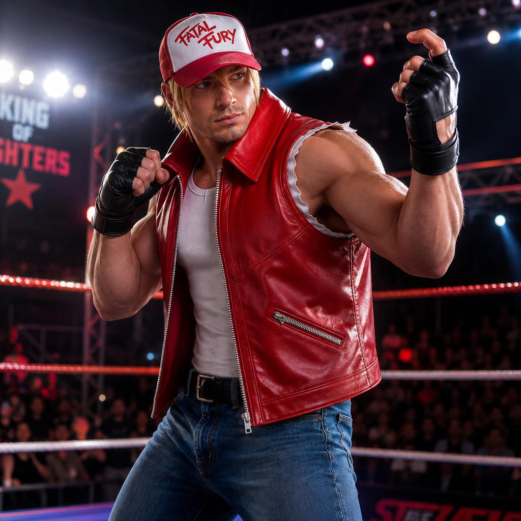 Terry Bogard Red Leather Vest – Game Inspired Star Emblem Mens Womens Streetwear