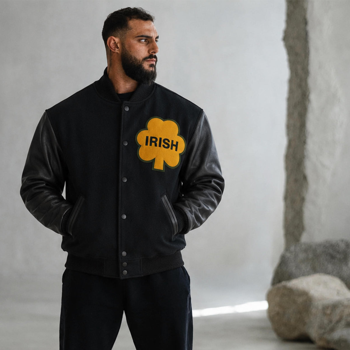 Notre Dame Varsity Jacket: Wool Blend Body, Leather Sleeves, Chenille Patches – Irish Bomber Style