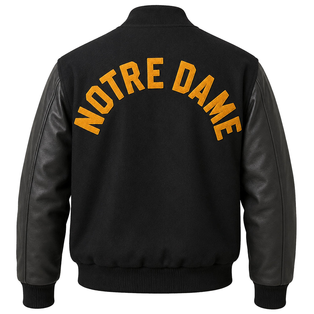 Notre Dame Varsity Jacket: Wool Blend Body, Leather Sleeves, Chenille Patches – Irish Bomber Style