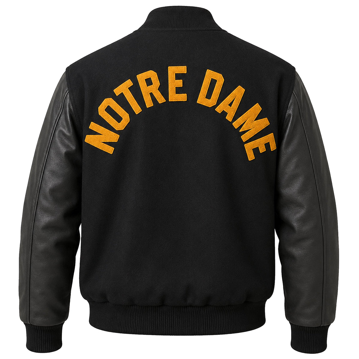 Notre Dame Varsity Jacket: Wool Blend Body, Leather Sleeves, Chenille Patches – Irish Bomber Style