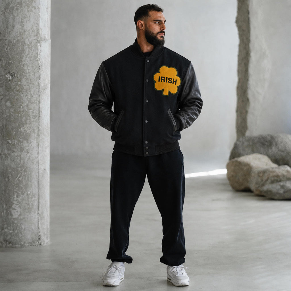 Notre Dame Varsity Jacket: Wool Blend Body, Leather Sleeves, Chenille Patches – Irish Bomber Style